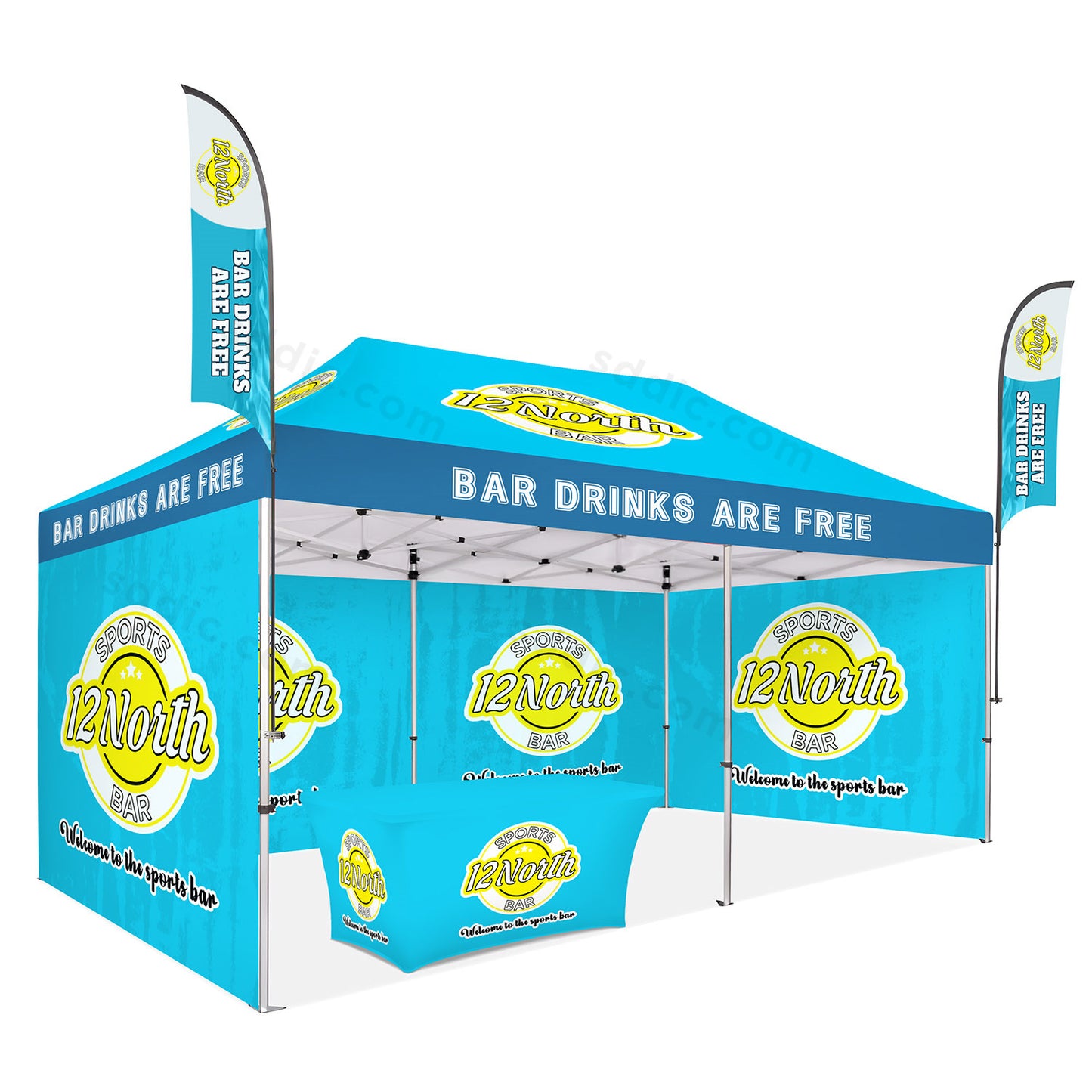 Custom Canopy Tent with Back Wall, Full Side Walls, Table Cover & Flags Package