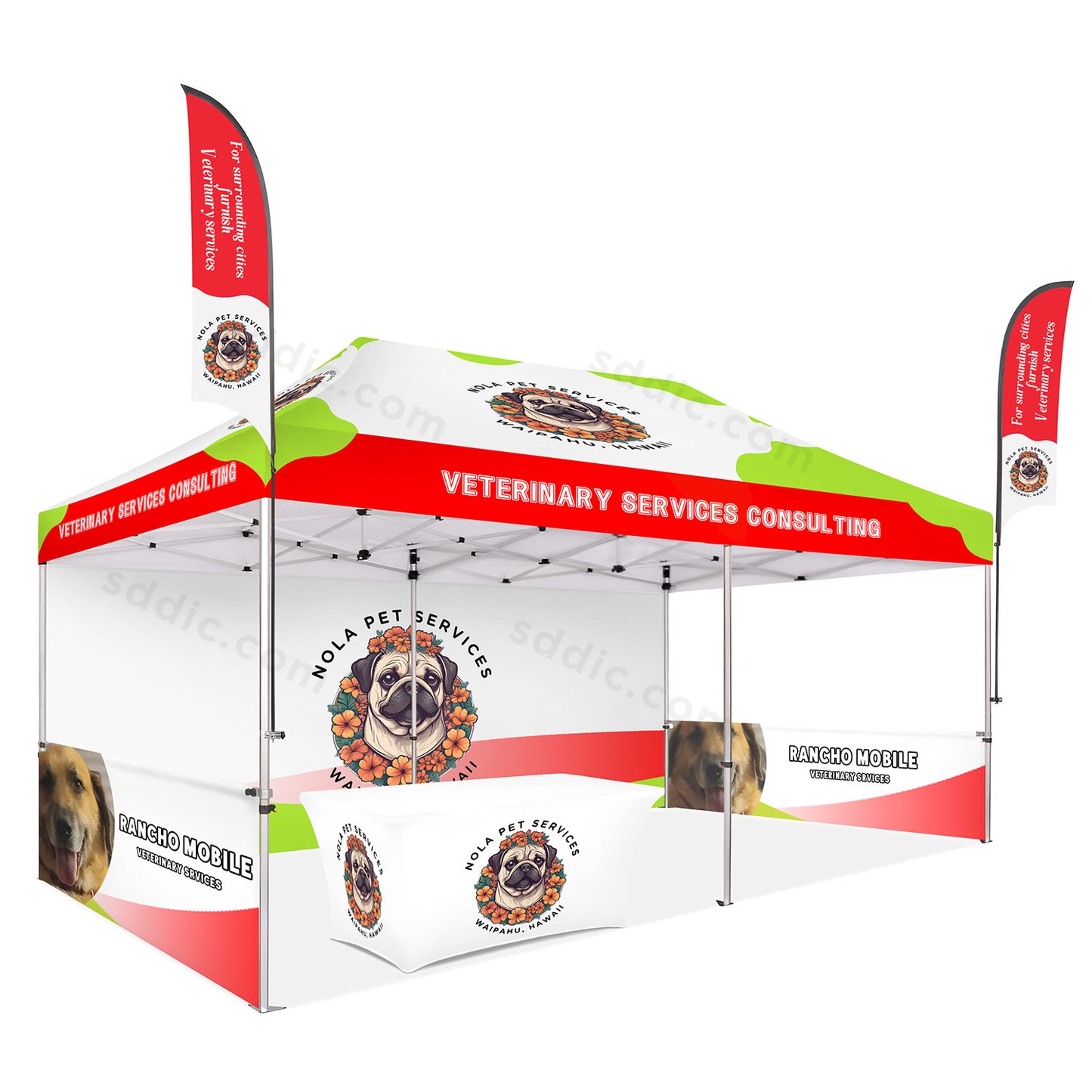 Custom Canopy Tent with Back Wall, Half Side Walls, Table Cover & Flags Package