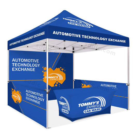 Custom Canopy Tent with Back Wall, Half Side Walls & Table Cover Package