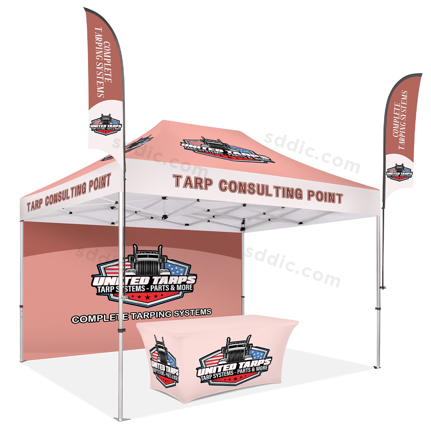 Custom Canopy Tent with Back Wall, Table Cover & Flags Package