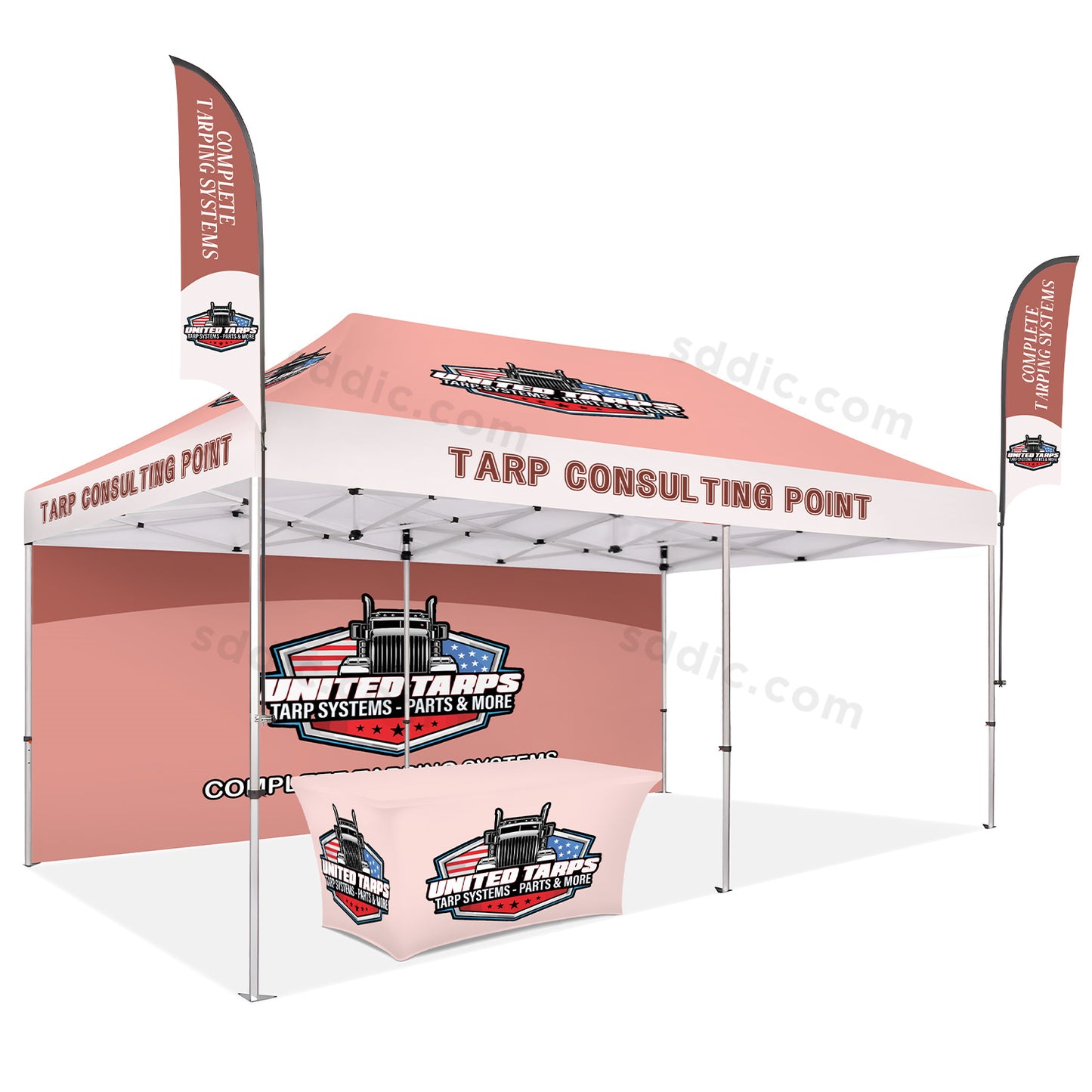Custom Canopy Tent with Back Wall, Table Cover & Flags Package
