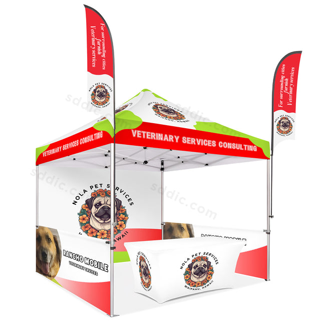 Custom Canopy Tent with Back Wall, Half Side Walls, Table Cover & Flags Package