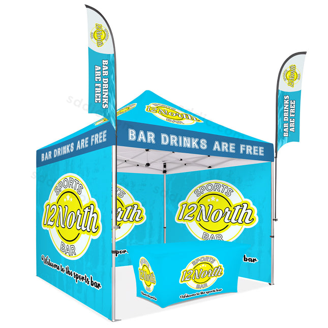 Custom Canopy Tent with Back Wall, Full Side Walls, Table Cover & Flags Package