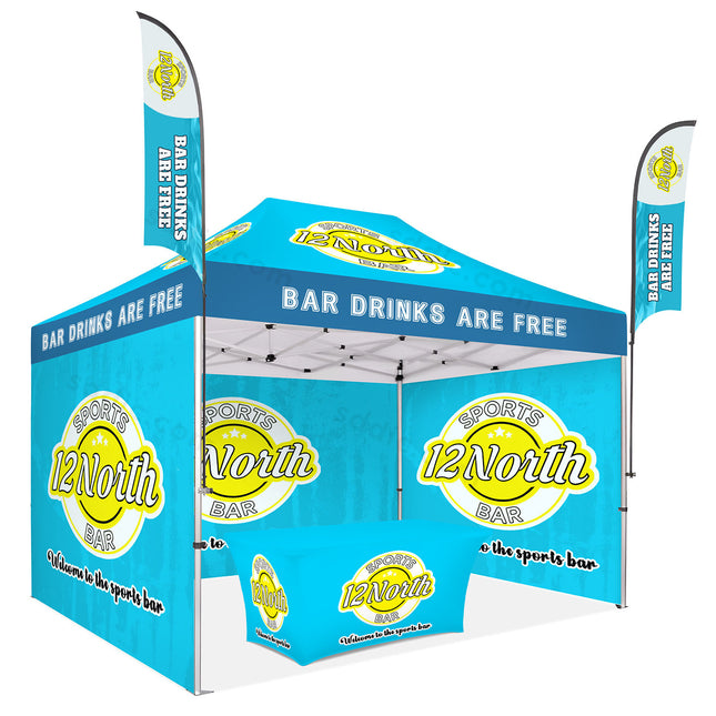 Custom Canopy Tent with Back Wall, Full Side Walls, Table Cover & Flags Package