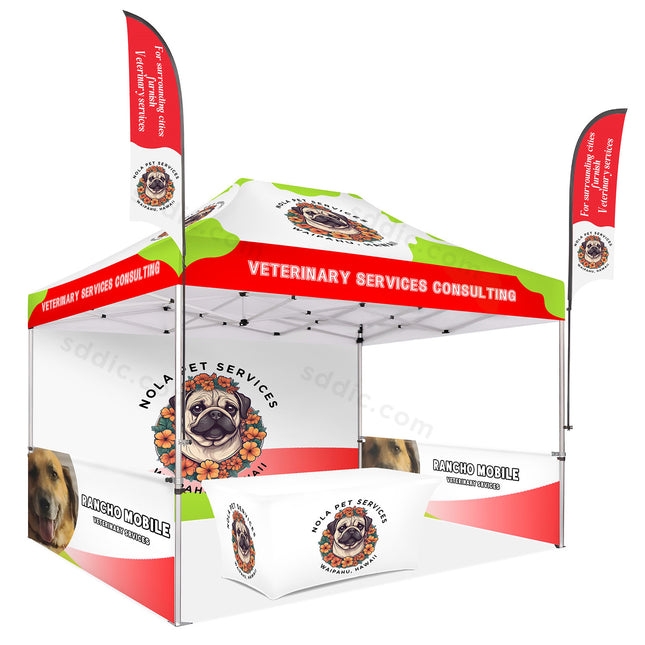 Custom Canopy Tent with Back Wall, Half Side Walls, Table Cover & Flags Package