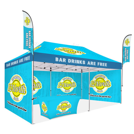 Custom Canopy Tent with Back Wall, Full Side Walls, Table Cover & Flags Package