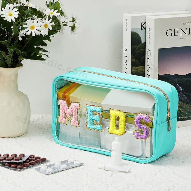 MEDS Chenille Letter Clear Makeup Bags Portable Travel Medicine Pouch