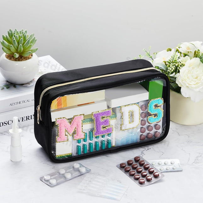 MEDS Chenille Letter Clear Makeup Bags Portable Travel Medicine Pouch