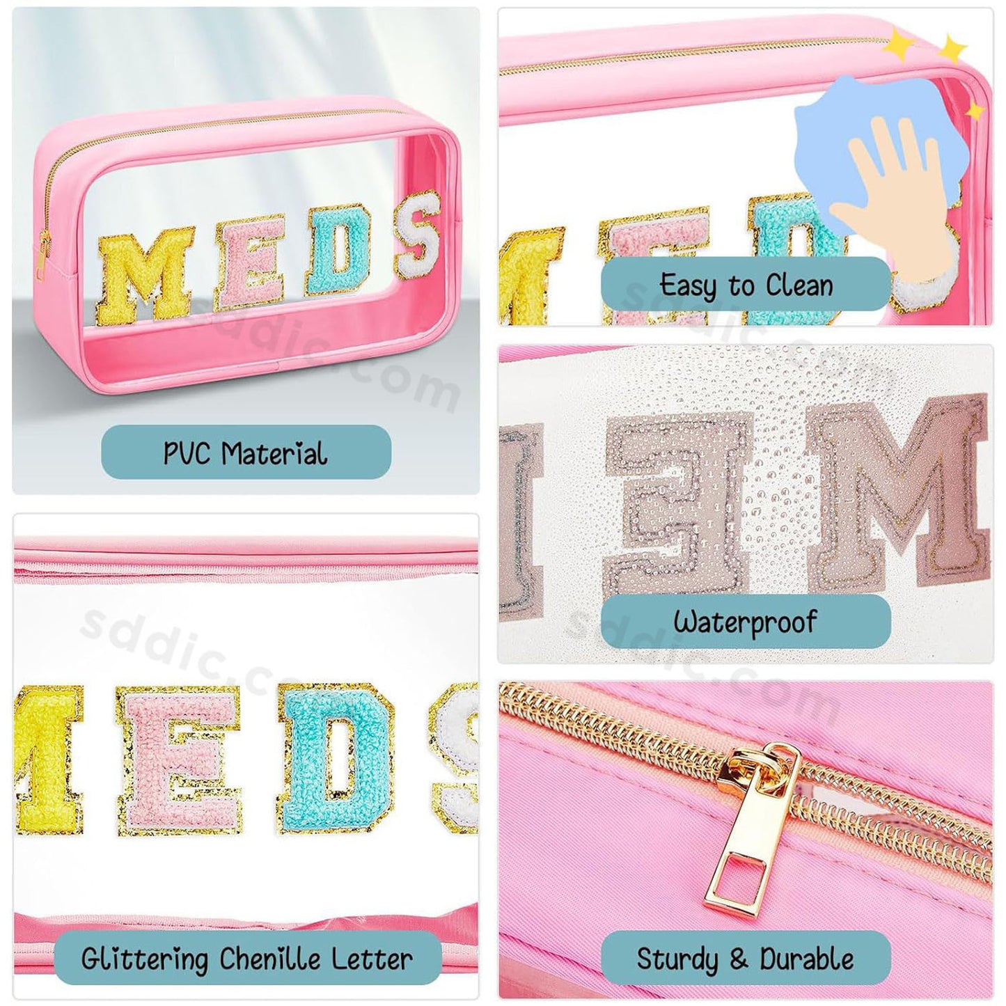 MEDS Chenille Letter Clear Makeup Bags Portable Travel Medicine Pouch