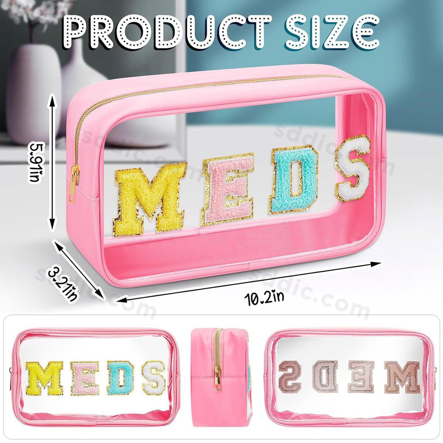 MEDS Chenille Letter Clear Makeup Bags Portable Travel Medicine Pouch