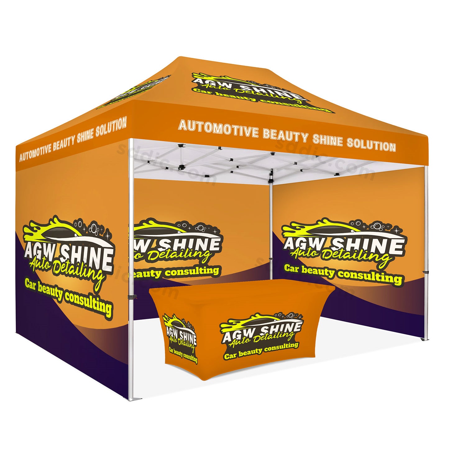 Custom Canopy Tent with Back Wall, Full Side Walls & Table Cover Package