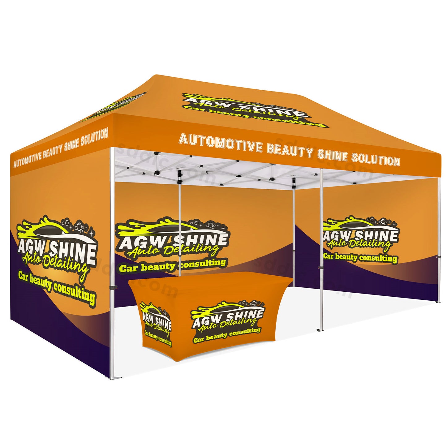 Custom Canopy Tent with Back Wall, Full Side Walls & Table Cover Package