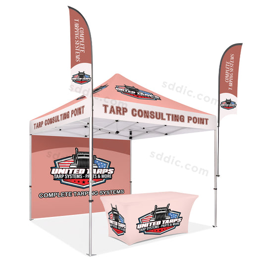 Custom Canopy Tent with Back Wall, Table Cover & Flags Package