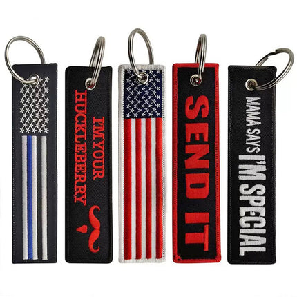 Custom Brand Logo Embroidered Key Tag Remove Before Flight Keychains