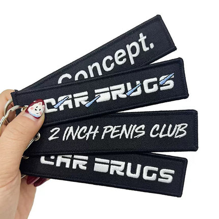 Custom Brand Logo Embroidered Key Tag Remove Before Flight Keychains