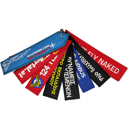 Custom Brand Logo Embroidered Key Tag Remove Before Flight Keychains