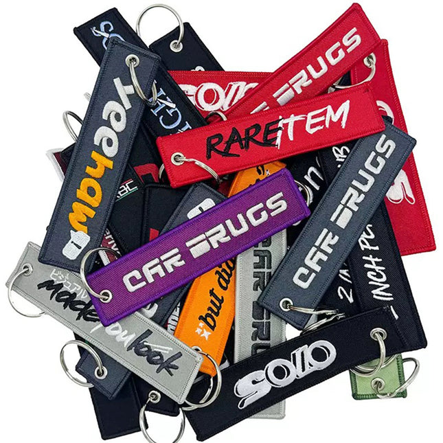 Custom Brand Logo Embroidered Key Tag Remove Before Flight Keychains