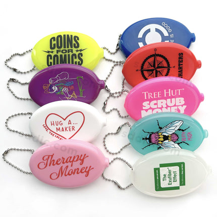 Custom Printed PVC Rubber Squeeze Coin Purse Oval Coin Holder Pouch with Chain