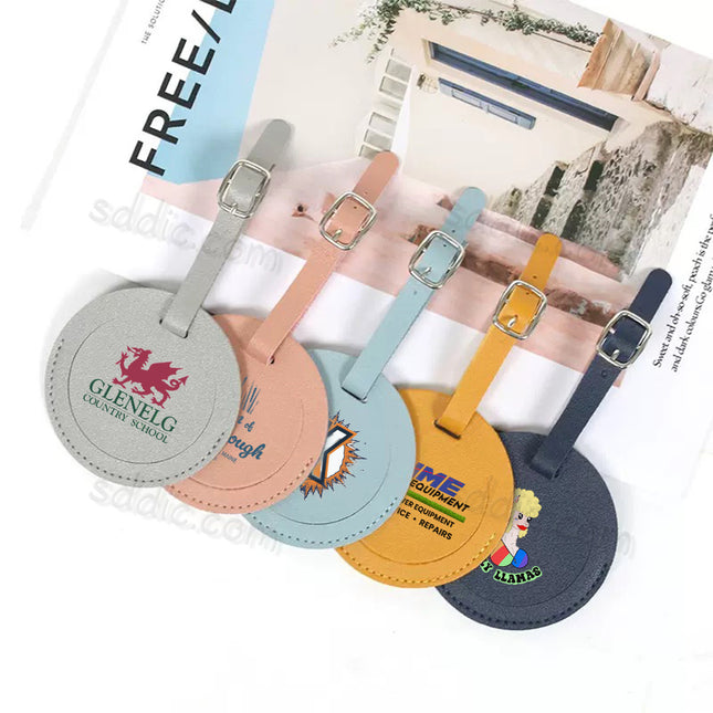 Custom Printed Round PU Leather Luggage Tags Travel Suitcase Bag Tags