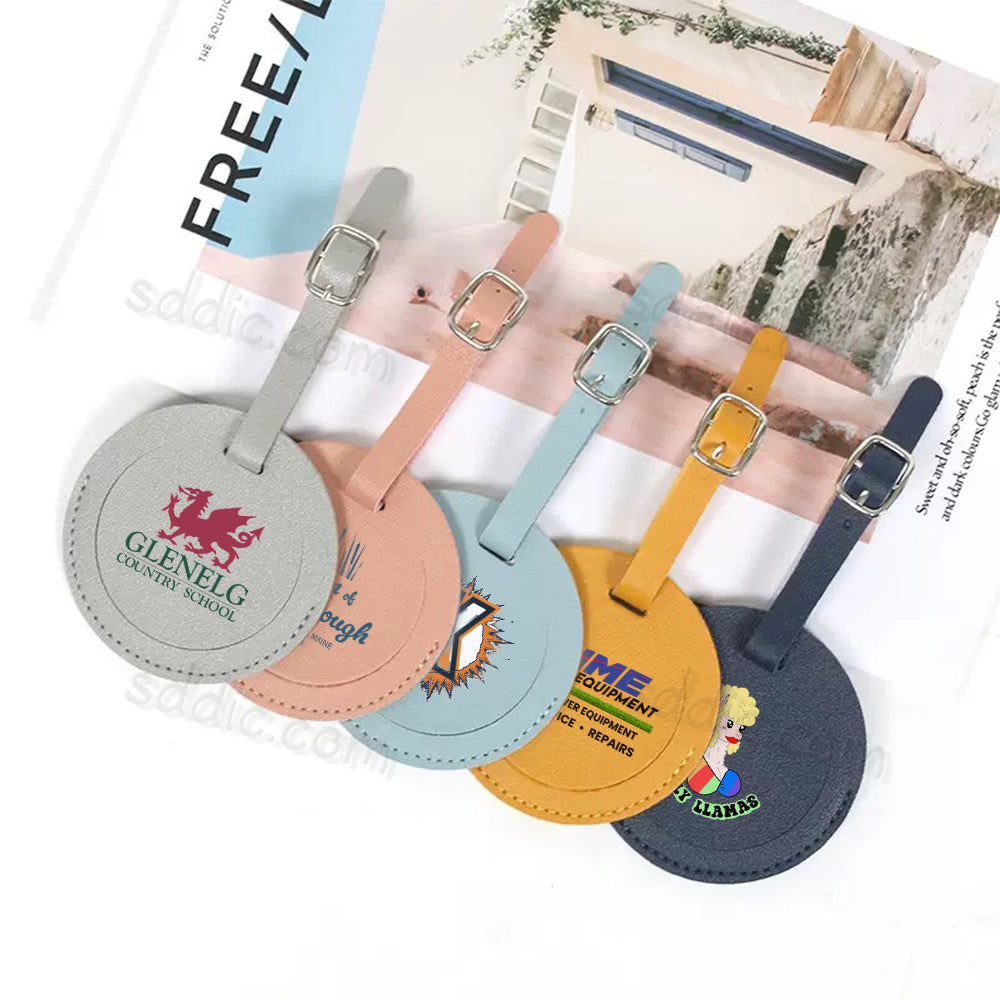 Custom Printed Round PU Leather Luggage Tags Travel Suitcase Bag Tags