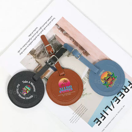 Custom Printed Round PU Leather Luggage Tags Travel Suitcase Bag Tags