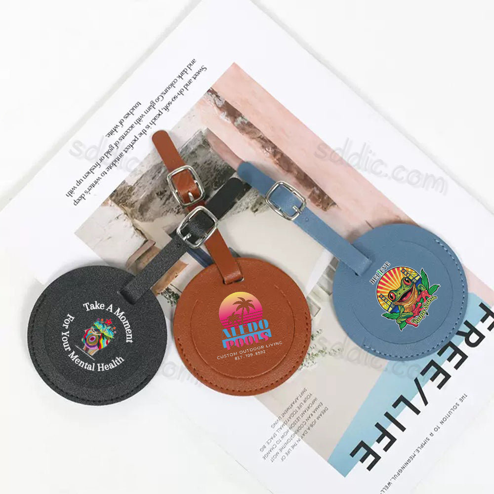 Custom Printed Round PU Leather Luggage Tags Travel Suitcase Bag Tags