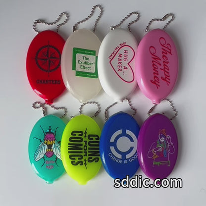 Custom Printed PVC Rubber Squeeze Coin Purse Oval Coin Holder Pouch with Chain