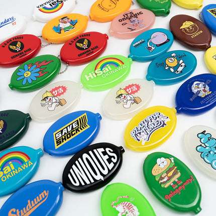 Custom Printed PVC Rubber Squeeze Coin Purse Oval Coin Holder Pouch with Chain